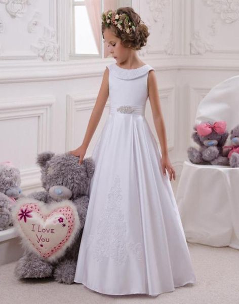 Girl039s Robes Robe De Fille De Fleur Blanc ALine Bow Sash Sans Manches Solide Oneck Filles Première Communion Robe De ComunionGirl9463223