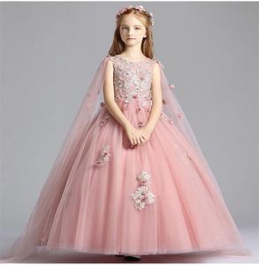 Girl039s jurken luxe roze kanten meisjes bruiloft borduren appliques kinderen lange baljurk verjaardagsfeestje prinses Holy Communion3996302