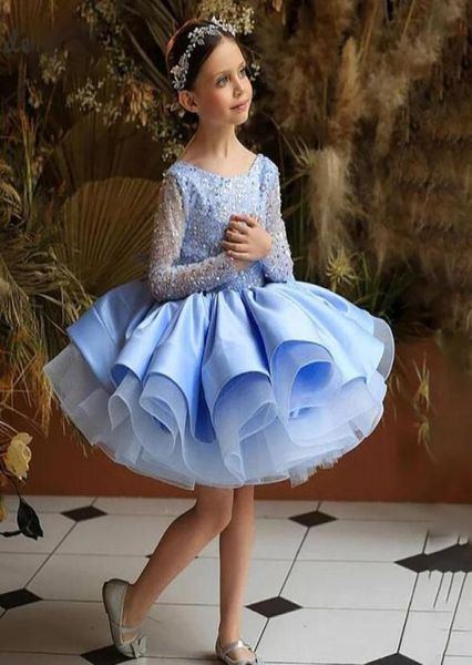 Girl039s Vestidos Princesa Tutu Vestido de desfile de niñas de flores azules 2022 Manga larga Lentejuelas Corta Una línea Satén Fiesta de cumpleaños hinchada 7991458