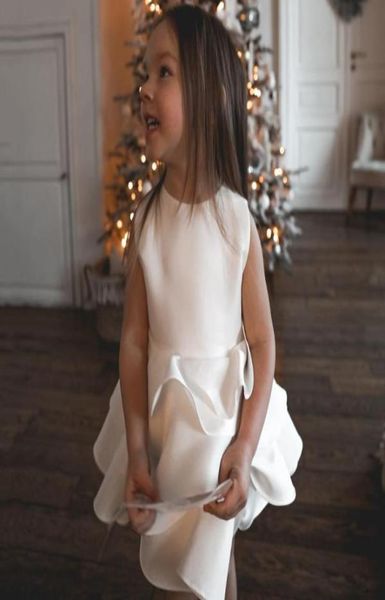 Girl039s Robes Simple Jewel Mini Robe De Fille De Fleur Blanc Ivoire Satin Enfants Robe De Soirée Aline Volants Court Bal Pour ToddersGir6897842