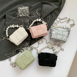 Meisjes Acryl Love Heart Pearls Handtassen Kinderen PU Leer Weven Messenger Square Bag Children Metals Chain Single Shoulder Bags Z7939