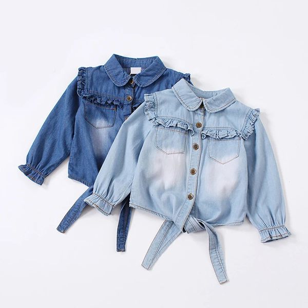 Filles Automne Denim Chemises Casual Volants Blouses Enfants Cravate Noeud Chemise Enfant Bébé Filles À Manches Longues Hauts Vêtements Pour Enfants Printemps 240219