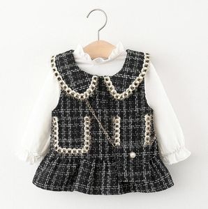 Robes d'automne pour filles, gilets pour bébé, costume deux pièces à carreaux en coton, robe de princesse en dentelle GC543