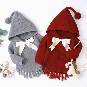 Meisjes Herfst Winter Gebreide truien Baby Bow Knoop Hooded Cloak Kinderkleding 210429