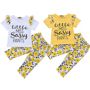 Meisjes Kinderkleding Pakt Pak Kinderen T-shirt +broek Roupas Infantil Meninas Little Miss Letter Florial Print