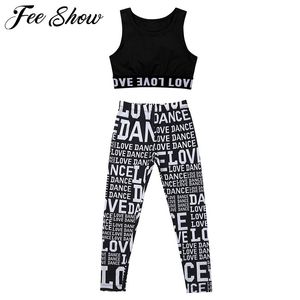 Meisjes Ballet Dance Gymnastics Leotard Gym Workout Atletische Outfit Brief Gedrukte Mouwloze O-hals Tanks Crop Top met Leggings