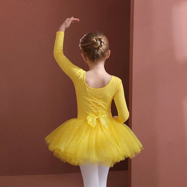 Filles Ballet Dance tutu robe enfants courte / longues manches tulle bowknot skate gymnastique fête d'anniversaire de Noël justaucorps danceard 240426