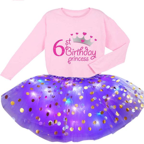 Personnalisation des filles Personnalisation de l'anniversaire à la paillettes Sequins Saisisses Robes Girl 2PC Robe de lumière + T-shirt à manches longues Jupe de fête X0803