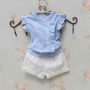 Meisjes blouse zomer katoen gestreept shirt casual mouwloze knop ontwerp shirts voor tiener baby kleding 210622