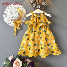 Meisjes Bohemiam Jurk Kinderen Zomer Nieuwe Chiffon Strand Hangende Hals Bloemen Jurken Mouwloze Kleding Voor Kinderen Inclusief Hoed 210303