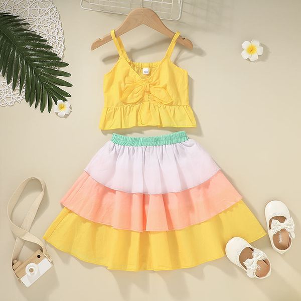 Conjunto de faldas con lazo y tirantes para niñas, conjuntos de verano 2021, ropa de Boutique para niños de 1 a 5 años, Top sin mangas con volantes, moda de 2 piezas