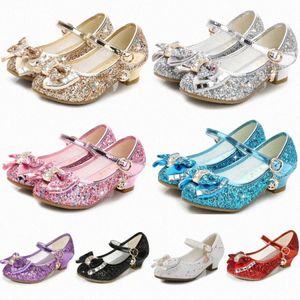 Niñas arco princesa zapatos niños niños sandalias tacones altos vestido de fiesta de boda de cuero zapato con lentejuelas superior niños danza rendimiento sandalia A6N8 #