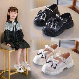 Zapatos de arco de niñas para niños perlas Beading Black Spring Autumn Kids Princess PU Cuero zapatos de cuero dulces y lindos niños cómodos Flats 95yn#