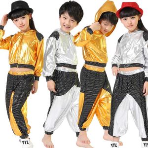 Meisjes jongens goud zilver ballroom jazz hip hop dans competitie kostuum kid kleding kleding hoodie shirt top broek dansende slijtage