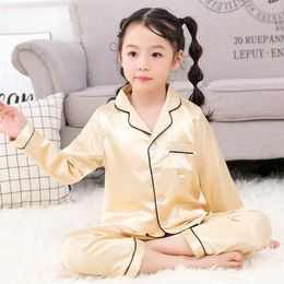 Girls Boys Satin Pyjamas Set Silk PJS Lange Mouw Kids 2-delige slaapkleding button-down Nightwear Loungewear