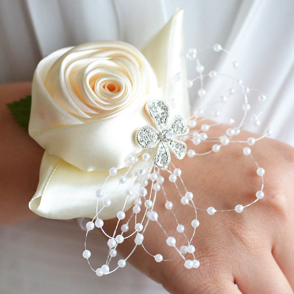 Filles demoiselle d'honneur mariage poignet fleur Rose ruban de soie Bracelet mariée main fleur décoratif rideau bande Clip Bouquet