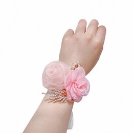 Meisjes bruidsmeisje pols frs Pearl Rhinestes boutniere satin rozen armband stof hand frs bruiloft feestjes