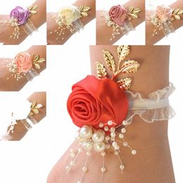 Filles Demoiselle D'honneur Poignet Frs Mariage Bal De Bal Boutnière Satin Rose Bracelet Tissu Main Frs Fournitures De Mariage Accories E2z9 #
