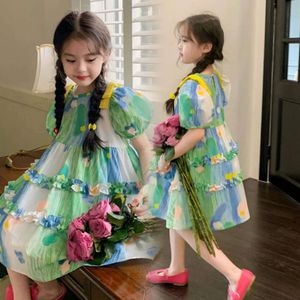 Meisjes casual prinsesjurken met korte mouwen voor kinderen zomer 2024 zoete jurk olie schilderij stijl kostuum kleding l2405