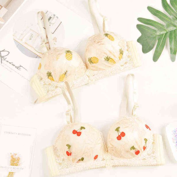 Chicas Sujetador barato Profundo V Espalda baja Encaje Bralette Inalámbrico Lencería suave y delgada Ropa interior de mujer sexy 3/4 Taza Imagen de fruta Bras L220726