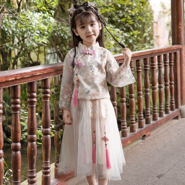 Conjuntos de estilo nacional chino para niñas, vestidos + abrigo, traje de 2 uds., traje tradicional de la dinastía Tang, bordado de princesa para actuación de niña