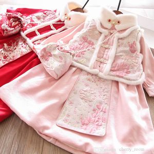 Conjuntos de ropa de princesa de estilo chino para niñas, niños de invierno, trajes étnicos, chaleco lanudo de flores de terciopelo + vestido de fiesta de manga larga, trajes de 2 piezas S1830