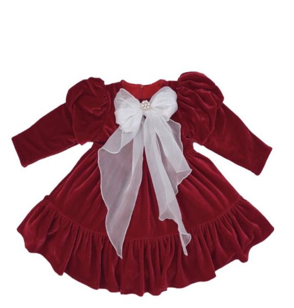Filles robe de fête de noël enfants perlé gaze arc manches bouffantes robe en velours enfants épaissir chaud rouge robe de princesse filles noël Clo7944360