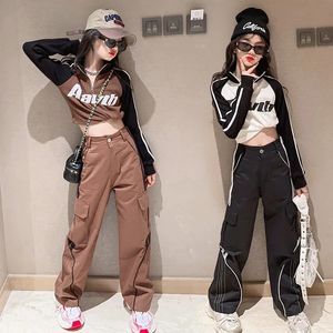 Vêtements pour filles Automne Sweats à capuche Ensembles Hip Hop Bébé Fille Tenues Sweat-shirt Chemise Slim TopsCargo Pantalon 2Pcs Street Vêtements pour enfants 240226