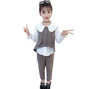 Meisjeskleding blouse + vest broek outfits parels meisje lente herfst kostuums voor kinderen 6 8 10 12 14 210527