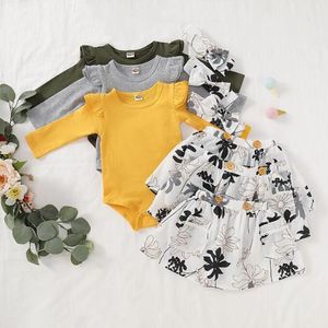 Filles Vêtements Enfants Floral Fleurs Vêtements Ensembles Bébé À Volants Barboteuses Jupe Bandeau Tenues INS Solide Combinaison TUTU Jupes Bandeau Ensemble C6785