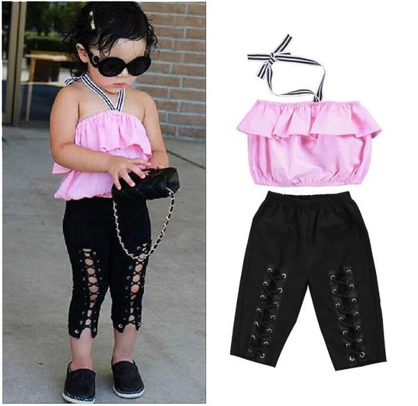 Conjunto de ropa para niñas, verano 2021, Tops cortos con cuello Halter para niños y pantalones largos de vendaje calados, trajes de moda para niños