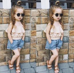 Meisjes kleren set zomer ruches vest jeans shorts 2pcs pak voor meisje mode kind mode sets kinderen