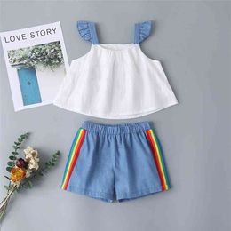 Meisjes kleding sets voor kinderen schattige blauwe riem witte tops regenboog borduurwerk denim shorts zomer 210629
