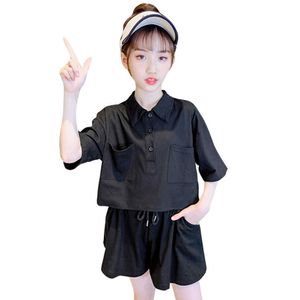 Meisjes kleding solide t-shirt + broek tienerkleding zakken voor zomer kind 210528