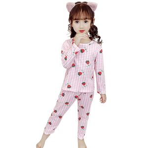Meisjeskleding Starwberry Tshirt + Broek voor Plaid Patroon Outfits Casual Style Children's Sleeping Suit 210527
