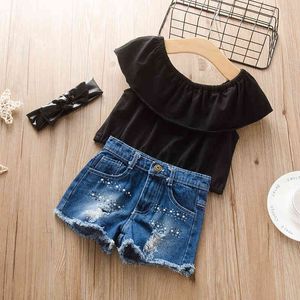 Meisjeskleding pak zomer mouwloze lotus blad kraag top + denim shorts mode kinderen 210515