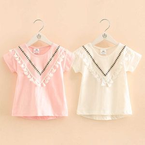 Meisjeskleding Zomer 2-10 jaar Kinderen Katoen Wit Roze Massief Kleur V Kwastjes Patchwork Korte Mouw O-hals T-shirt 210529