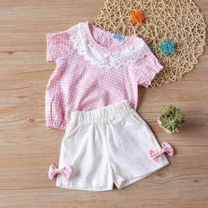 Ropa para niñas, marca de moda para niñas pequeñas, camisa a rayas de manga corta + traje corto de 2 piezas para niños 210515