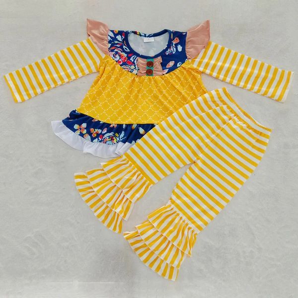 Ropa para niñas Trajes de otoño de manga larga Boutique Ropa para bebés pequeños Conjunto de pantalones a rayas Venta al por mayor para niños 240323