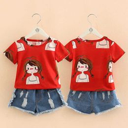 Meisjes kleding set O-hals mouwloze zomer 2-10 jaar oude kinderen meisje rood cartoon t-shirt + denim jeans shorts 2 stuks pak 210529