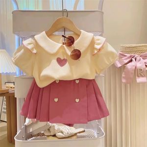 Girls Clothing Set zomer geborduurd shirt topsskirt Koreaanse mode korte mouw kinderen kleding pakken 2 stks 2 3 4 5 6 7 jr 240518