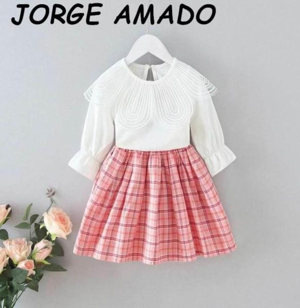 Conjunto de ropa para niñas, Tops blancos con cuello de pétalos grandes, falda a cuadros roja, trajes de 2 uds, ropa para niña pequeña E2012754496493783280