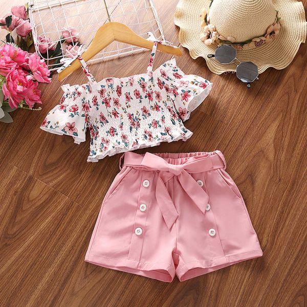 Girls Clothing sets 2023 Summer Casual Suit Kids Vêtements Sous-Mottes à manches courtes Short à imprimé floral Enfants 4-7 ans