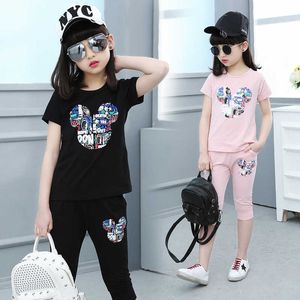 Meisjes kleding sets casual trainingspak meisje cartoon t-shirt + shorts 2 stks kinderkleding sets voor 4-14 jaar schoolstijl sportpakken x0802