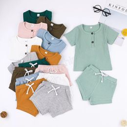 Ensembles de vêtements pour filles Vêtements de marque Enfants Solid Pit Tops à rayures Pantalons Costumes Boutique d'été Chemises pour bébés Shorts Tenues Pantalons à cordon respirants et décontractés