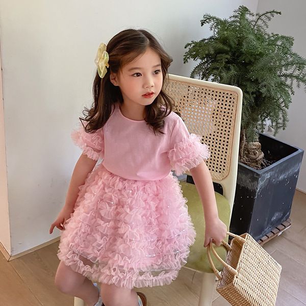 Filles Vêtements Ensembles D'été Dentelle Paillettes T-shirt + Jupe 2 Pcs/ensemble pour Enfant Vêtements Ensembles Bébé Vêtements Enfants Tenues 2 Couleur 2-6Y Q0716