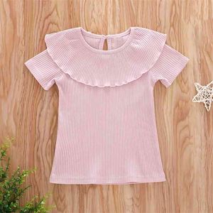 Filles Vêtements D'été Enfants Vêtements Tops Pour Costume Solide Couleur Lotus Feuille Col T-Shirt 210528