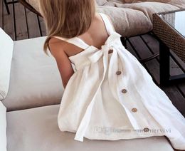 Girls Cotton Linen Sous-souche Robes Kids Bows Single Breasted double poche princesse robe d'été Enfants Soft confortable Cloth1355832