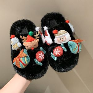 Filles mignon dessin animé noël nouvelles pantoufles moelleuses automne et hiver nouveau porter une ligne coton glisser princesse chaussures noir