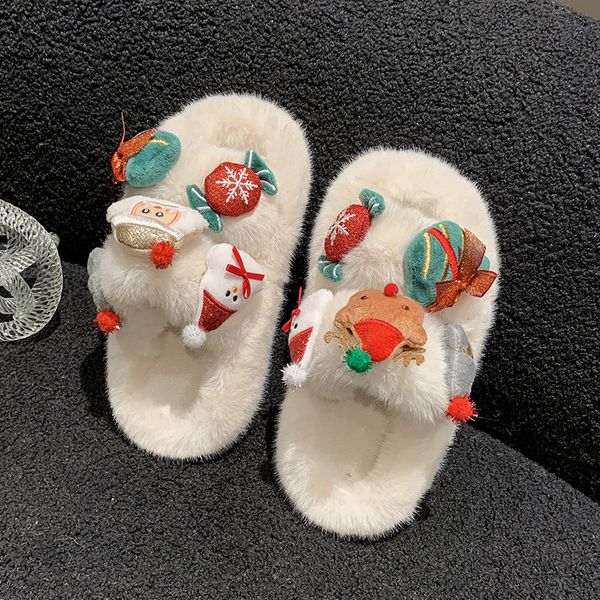 Filles mignon dessin animé noël nouvelles pantoufles moelleuses automne et hiver nouveau porter une ligne coton glisser princesse chaussures blanc